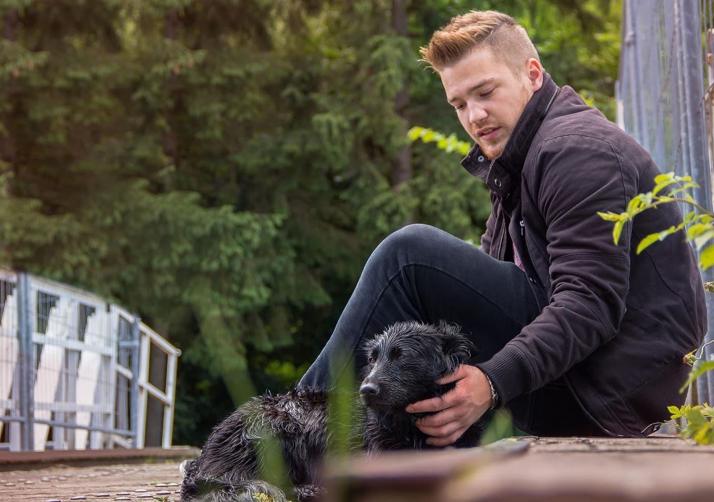 Baasje aait zijn natte hond op een brug in de Ardennen