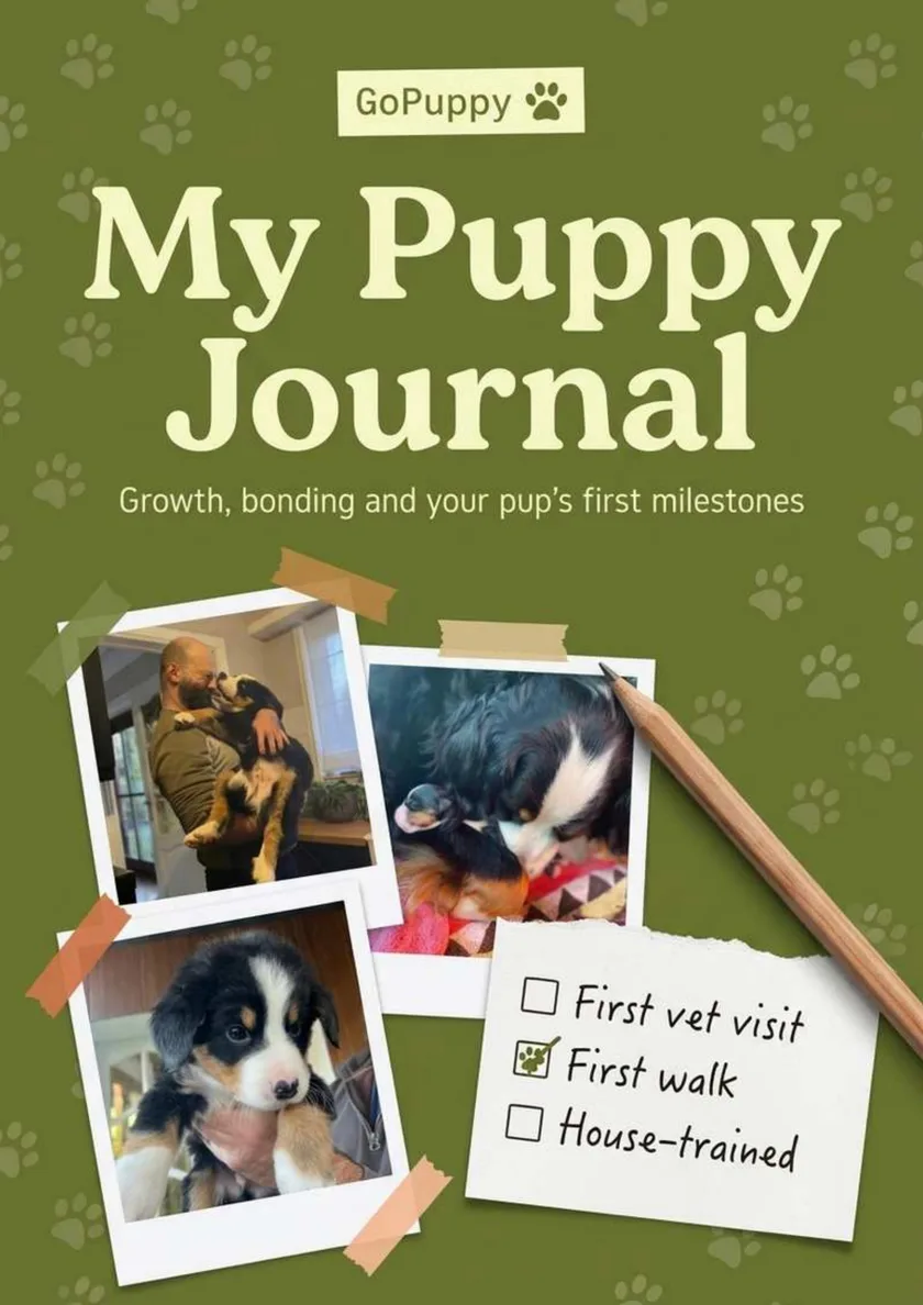 Cover of the book My puppy journal: green, with three photos of a puppy and a checklist